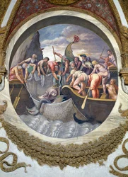 Szene, die zeigt, dass diejenigen, die unter dem Zeichen der Fische in Verbindung mit dem Sternbild Belua geboren sind, geschickt im Fischen sind, symbolisiert durch den Fang eines Seeungeheuers, aus der Camera dei Venti, 1528